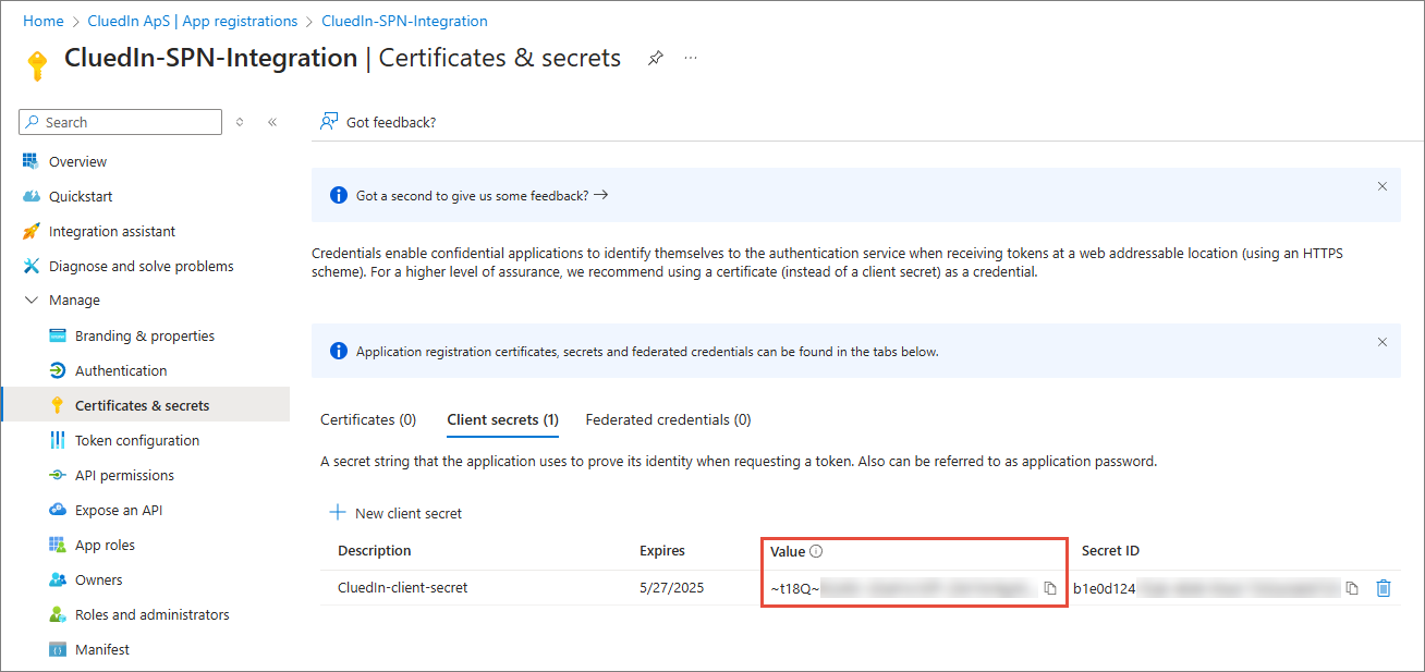 Certificates and secrets page of the app registration on the Client secrets tab, with the secret Value highlighted