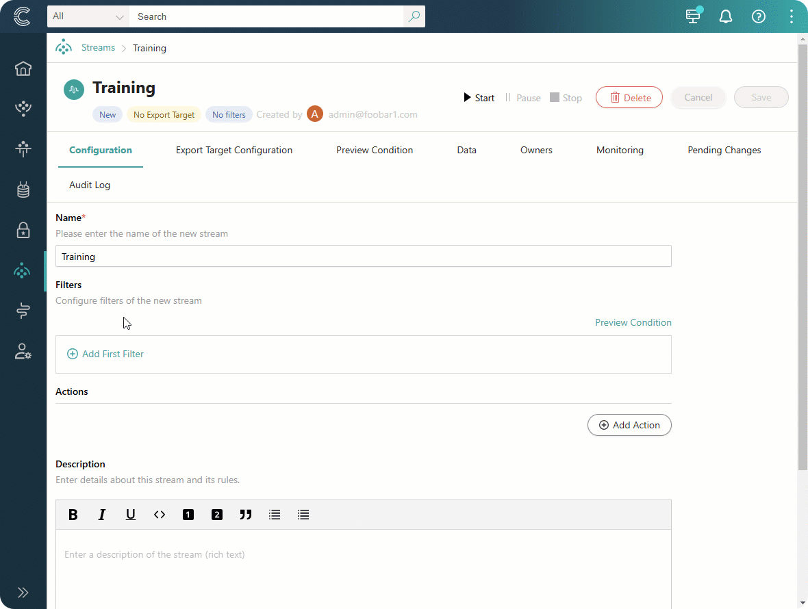 Animation: on the stream Configuration tab, Add First Filter is selected and a filter rule for the golden records to send is built