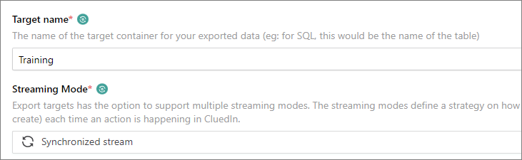 Connector properties with Target name set to Training and Streaming Mode set to Synchronized stream