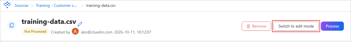 Data set page header for training-data.csv with the Switch to edit mode button highlighted between Remove and Process