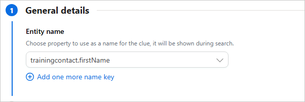 The General details section with trainingcontact.firstName selected as the entity name and an Add one more name key link