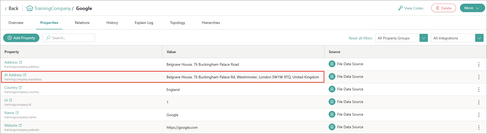 Google golden record Properties tab with the new AI Address property highlighted, holding the full postal address