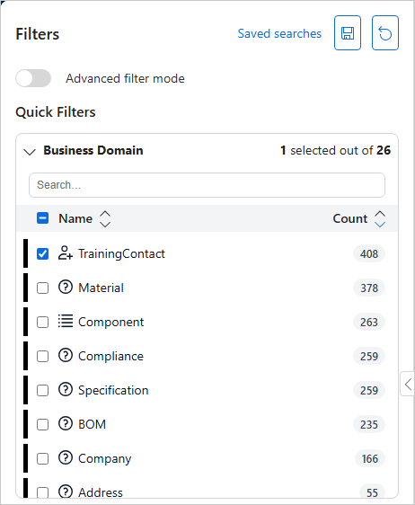 Search Filters pane in basic mode, with TrainingContact selected in the Business Domain quick filter