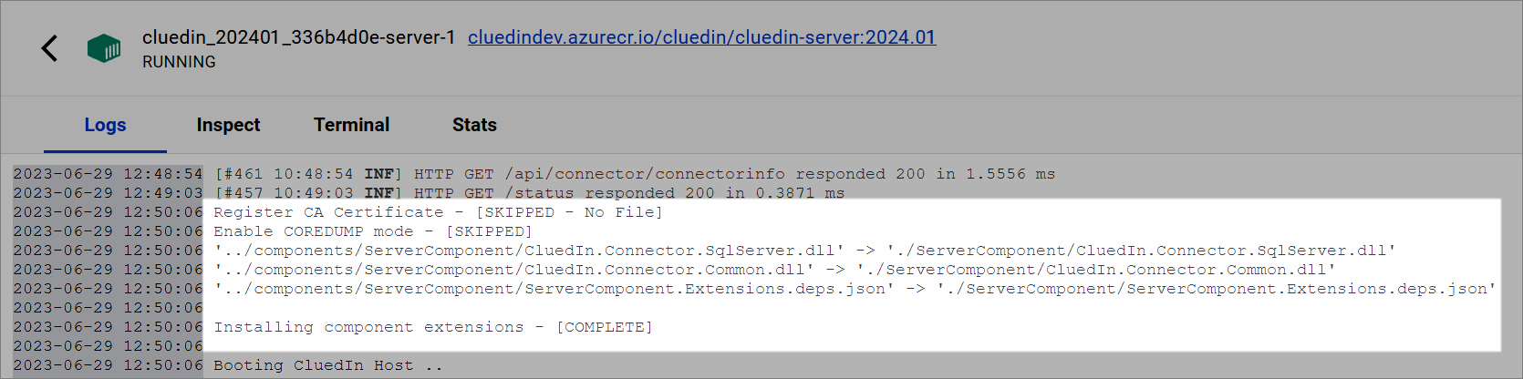 Docker Desktop logs of the CluedIn server container, highlighting CluedIn.Connector.SqlServer.dll being copied and Installing component extensions COMPLETE