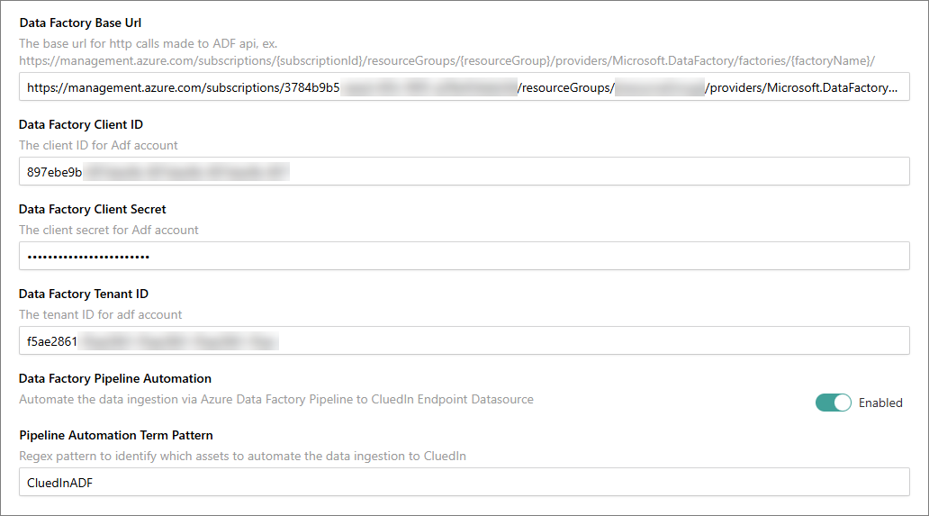 CluedIn Data Factory settings: base URL, client ID, secret, tenant ID, Pipeline Automation enabled and a term pattern