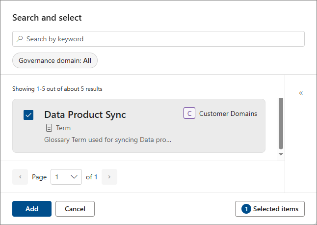 The Search and select pane with the Data Product Sync glossary term selected and the Add button
