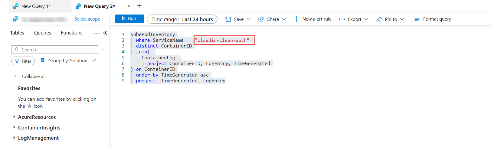 Log Analytics query editor with the KubePodInventory query and the service name cluedin-clean-auth highlighted, next to the Run button
